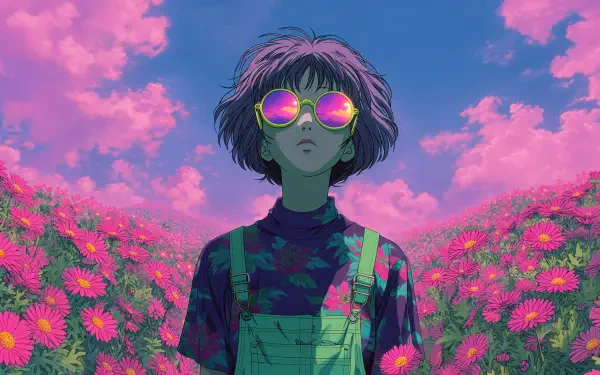 A vibrant aesthetic anime girl stands amidst a field of flowers, wearing round sunglasses that reflect a colorful sky, set against a backdrop of pink clouds. 4K Ultra HD desktop wallpaper.