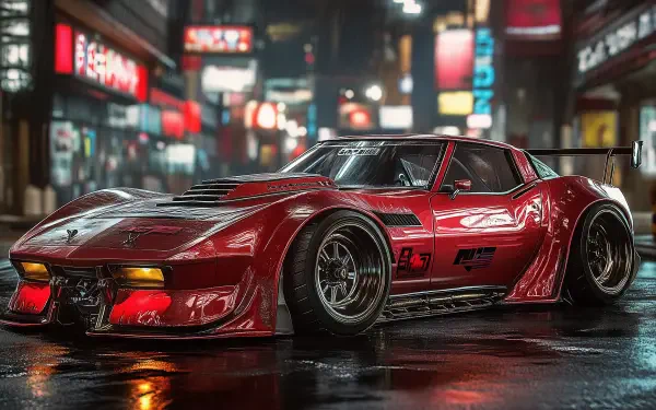A sleek, futuristic red car parked in a vibrant urban setting, illuminated by colorful neon lights, creating a striking HD desktop wallpaper.