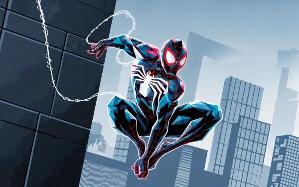 A minimalist comic-style illustration of a superhero swinging through a cityscape, rendered in vibrant colors, designed as a 4K Ultra HD desktop wallpaper and background.