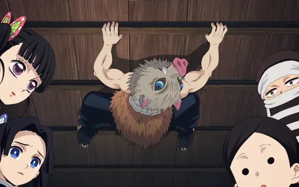 Inosuke Hashibira clings to the ceiling as Kanao Tsuyuri and two others look up in surprise. This dynamic scene from Demon Slayer: Kimetsu no Yaiba creates an engaging HD desktop wallpaper.
