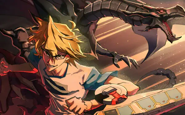 Joey Wheeler from Yu-Gi-Oh! charges forward with his iconic Red-Eyes Black Dragon looming behind him in this vibrant HD anime desktop wallpaper.