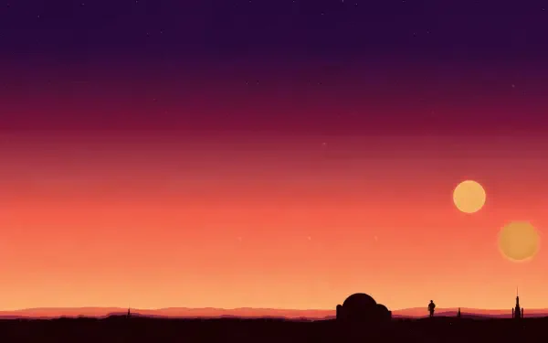 A minimalist 4K Ultra HD wallpaper featuring a stunning Tatooine sunset from the Star Wars universe, capturing two suns against a colorful gradient sky.