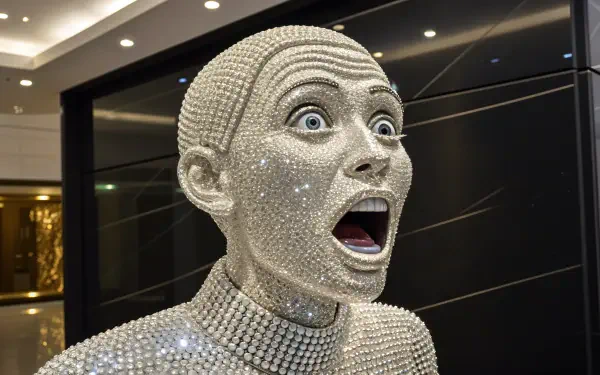 A striking 4K Ultra HD wallpaper featuring a surprised figure adorned with sparkling crystals, capturing an expressive moment of astonishment in a sleek, modern setting.