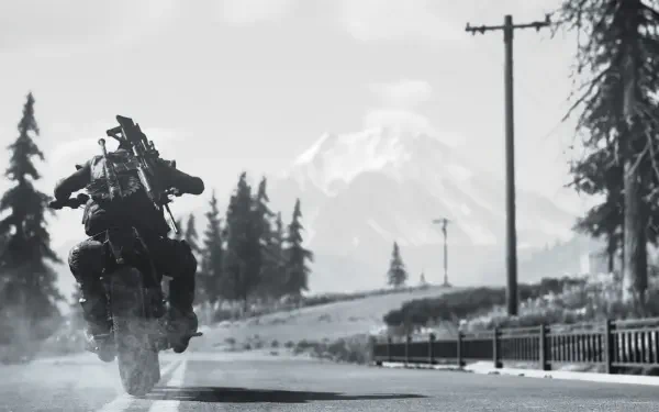 A black and white scene from the video game Days Gone, featuring a rider on a motorcycle kicking up dirt on a remote road with mountains in the background. 4K Ultra HD wallpaper.