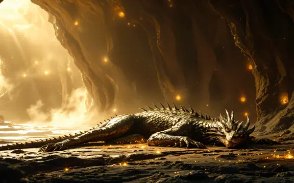 A majestic dragon rests in its lair, illuminated by a warm glow and scattered sparks, captured in stunning 4K Ultra HD for a striking desktop wallpaper and background.