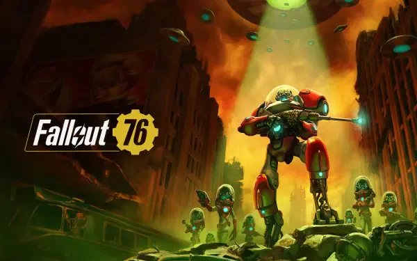 A vibrant HD wallpaper from Fallout 76, featuring a futuristic robot surrounded by alien figures against a dramatic, post-apocalyptic backdrop. Perfect for fans of the game.