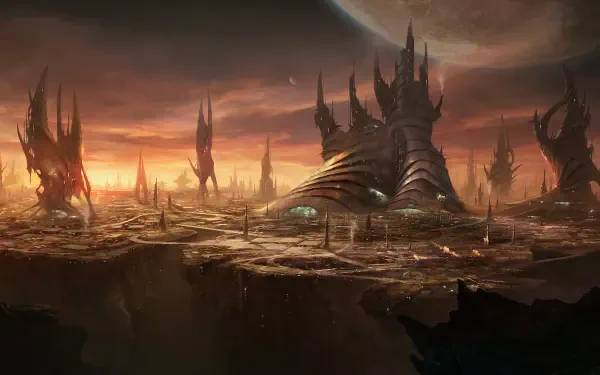 HD desktop wallpaper of a dark, alien world from the sci-fi video game Stellaris, featuring towering spires and a mysterious planetary backdrop.
