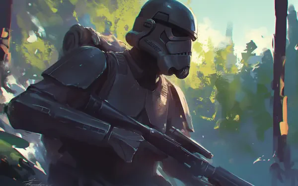 HD PC desktop wallpaper featuring a Star Wars scout trooper in detailed armor, set against a forested background with soft sunlight filtering through the trees.