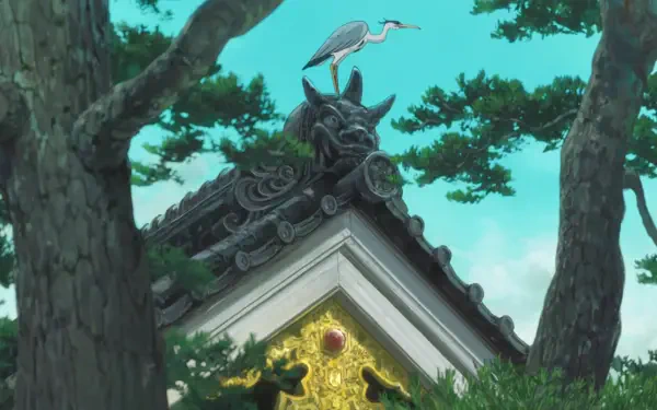 HD anime wallpaper from Studio Ghibli's The Boy and the Heron, featuring a heron perched atop a traditional Japanese rooftop surrounded by lush trees.