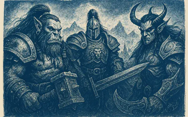 4K Ultra HD Warcraft desktop wallpaper featuring three armored warriors—a fierce orc, a knight with a glowing sword, and a horned demon—in a rugged, mountainous landscape.