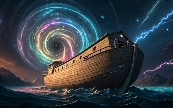 A dramatic 4K Ultra HD PC desktop wallpaper showing Noah's Ark sailing through stormy waters under a swirling, colorful vortex in the night sky.