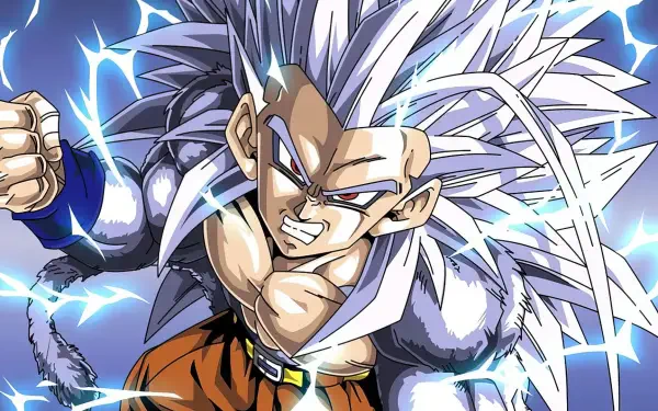 HD PC wallpaper featuring Vegeta from Dragon Ball AF in his powerful Super Saiyan 5 form, surrounded by electric blue energy in vibrant anime style.