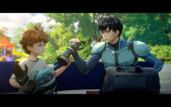 HD PC desktop wallpaper from the anime To Be Hero X, featuring two characters in a dynamic arm-wrestling pose outdoors with vibrant, detailed backgrounds.