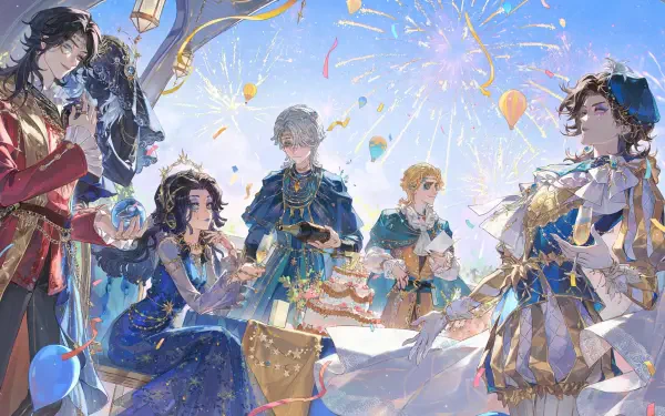 HD PC desktop wallpaper featuring vibrant characters from the video game Identity V celebrating with balloons and confetti under a bright sky.