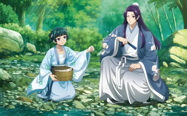 Anime-style 4K Ultra HD wallpaper featuring Maomao and Jinshi from The Apothecary Diaries sharing a serene moment by a forest stream.