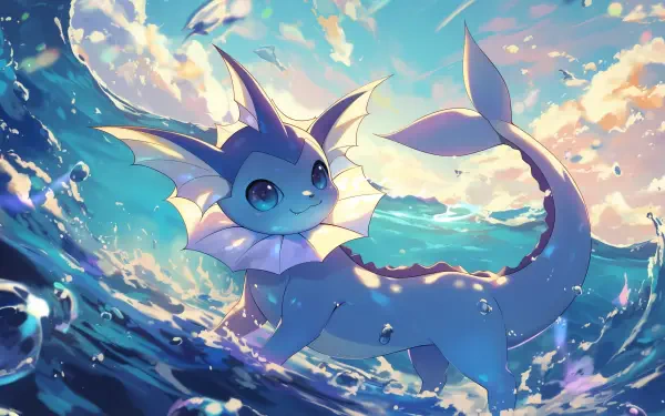 HD anime-style desktop wallpaper featuring Vaporeon, the blue Water-type Pokémon, swimming gracefully underwater with light filtering through the waves.