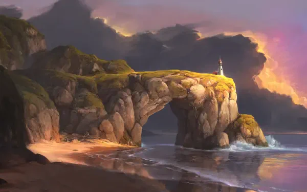 HD PC desktop wallpaper of a sunlit coastal landscape featuring a rocky arch, beach, and a lighthouse standing atop the cliff under a dramatic sky.