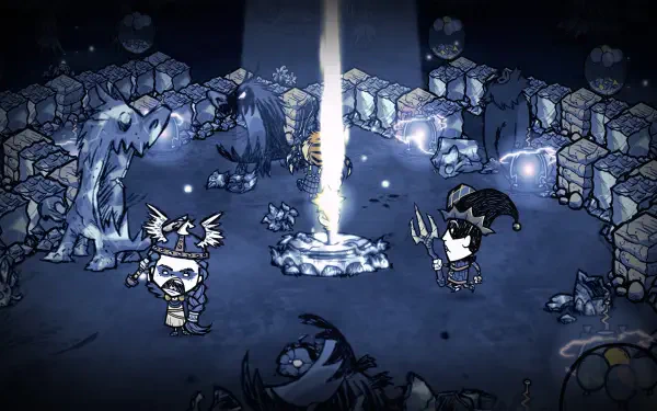 HD desktop wallpaper featuring characters and creatures from the video game Don't Starve Together gathered around a glowing campfire in a dark, stone-walled environment.