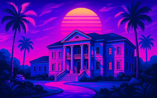 A vibrant 4K Ultra HD desktop wallpaper of a grand mansion framed by palm trees under a neon pink and purple sunset sky.