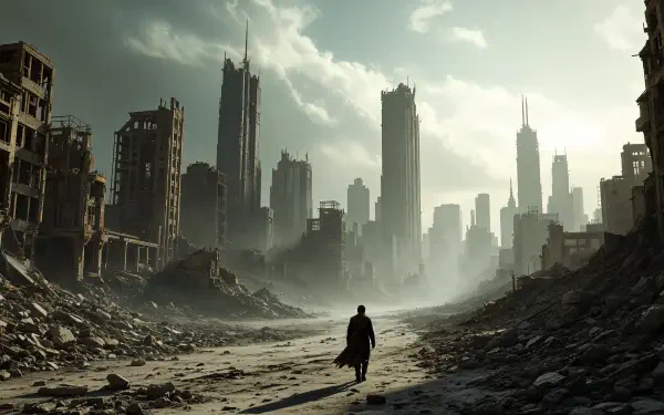4K Ultra HD wallpaper of a lone figure walking through a desolate, crumbling post-apocalyptic cityscape under a cloudy sky.