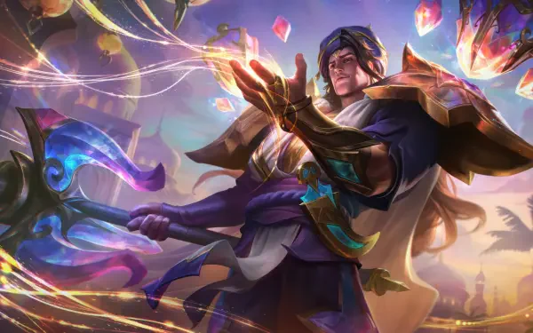 Ultra HD 8K wallpaper featuring Taric from League of Legends as a radiant wizard wielding magical crystals and a glowing axe.