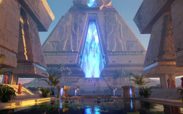 4K Ultra HD PC desktop wallpaper: majestic fantasy landscape — a towering pyramidal temple with a luminous blue portal, reflecting pools and stairways.