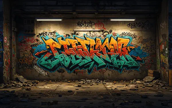 4K Ultra HD PC desktop wallpaper showcasing vibrant graffiti art on a gritty, dimly lit urban wall surrounded by scattered debris.