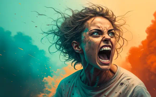 A 4K Ultra HD PC desktop wallpaper depicting a person with an intense, furious expression, hair wild and eyes wide, against a dramatic blue and orange smoky background.