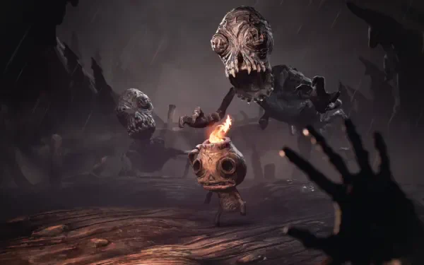 4K Ultra HD desktop wallpaper from the video game The Midnight Walk, depicting a dark, eerie scene with a small fiery character facing shadowy monstrous figures.