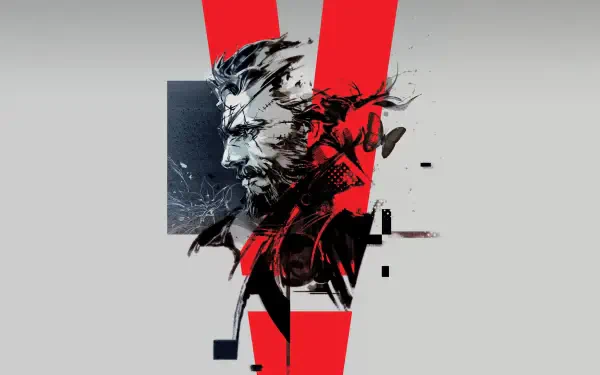 4K Ultra HD wallpaper featuring Big Boss from Metal Gear Solid V: The Phantom Pain with bold red elements and a fragmented artistic style.