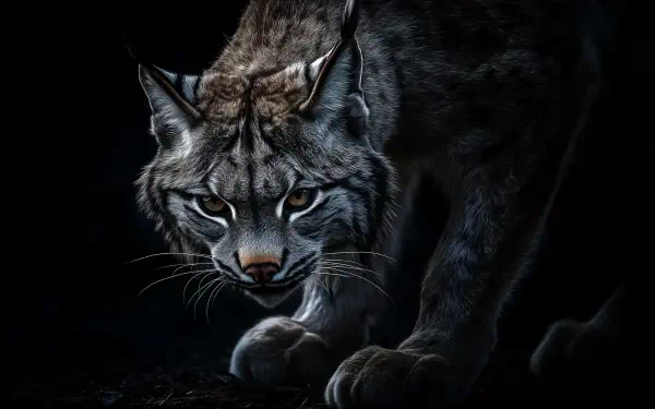 A dark, intense HD wildlife wallpaper featuring a lynx in hunting mode, captured in striking detail against a black background.
