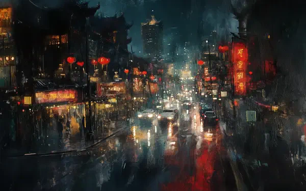 Artistic HD desktop wallpaper depicting a vibrant night street scene in China, illuminated by glowing lanterns and dynamic reflections on wet pavement.