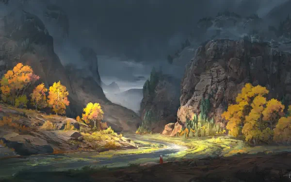 HD PC desktop wallpaper depicting a dramatic mountain landscape with rugged cliffs, glowing autumn trees, and a moody cloudscape under a dark sky.