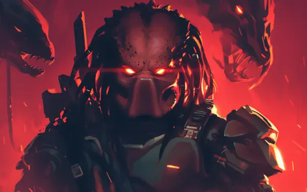 HD PC desktop wallpaper featuring a red-toned anime-style Predator from Alien vs. Predator, glowing eyes and iconic armor set against a fiery background with alien silhouettes.
