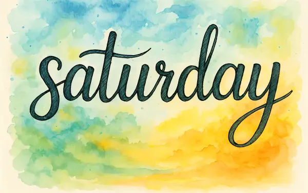 Watercolor background in blue, green, and yellow tones with the word saturday handwritten in black script, a 4K Ultra HD PC desktop wallpaper and background.