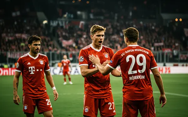 FC Bayern Munich players celebrate on the pitch during a match, captured in a vibrant 4K Ultra HD PC desktop wallpaper and background.