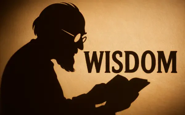 Silhouette of an elderly man reading a book with the word WISDOM in bold, rendered as a sharp 4K Ultra HD PC desktop wallpaper background.