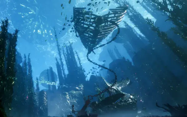 HD PC desktop wallpaper from the video game Clair Obscur: Expedition 33, depicting an underwater scene with sunken structures and a large manta ray gliding through blue waters.