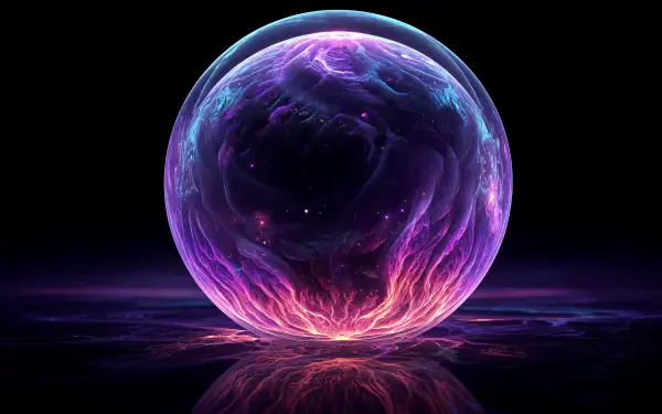Artistic 4K Ultra HD PC desktop wallpaper featuring a glowing, translucent purple sphere with intricate swirling patterns and a reflective surface against a dark background.