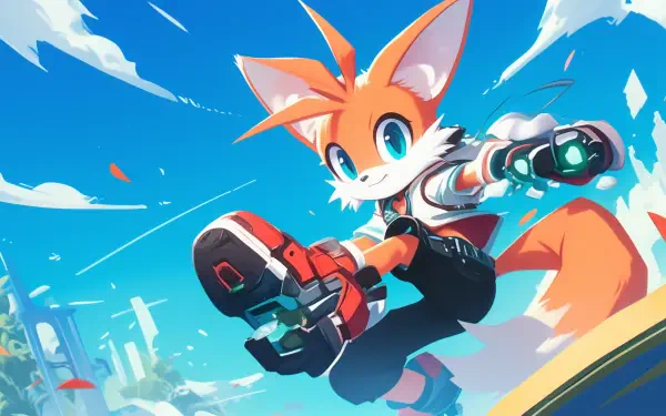 HD PC desktop wallpaper featuring cartoon character Miles 'Tails' Prower in a dynamic pose with a futuristic gaming theme against a bright blue sky backdrop.