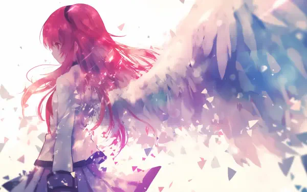 HD anime desktop wallpaper featuring Yui from Angel Beats! with flowing red hair and large, ethereal angel wings fading into fragmented light.