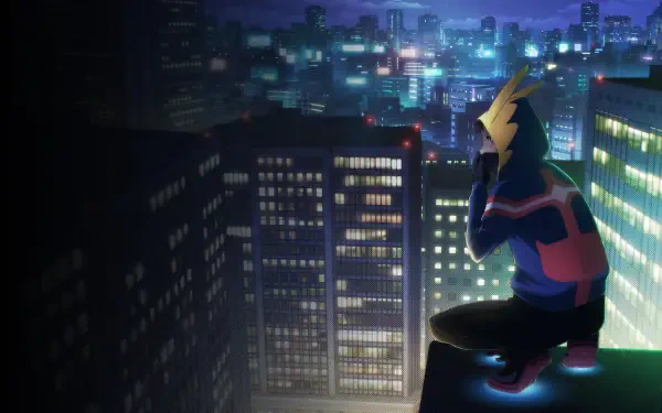 Anime-style 4K Ultra HD wallpaper featuring Koichi Haimawari from My Hero Academia: Vigilantes perched on a rooftop overlooking a brightly lit cityscape at night.