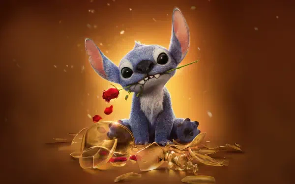 Cute Stitch from the movie Lilo & Stitch (2025) is featured as a 4K Ultra HD PC desktop wallpaper, holding a rose petal against a warm, glowing background.