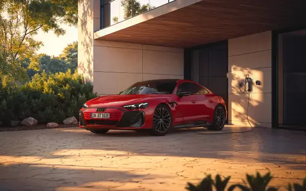 Red Audi E-Tron GT Quattro electric car parked in a modern driveway, captured in 4K Ultra HD as a PC desktop wallpaper and background.