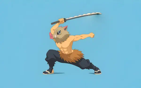 Minimalist anime 8K Ultra HD PC desktop wallpaper of Inosuke Hashibira from Demon Slayer: Kimetsu no Yaiba, lunging with his sword against a flat blue background.