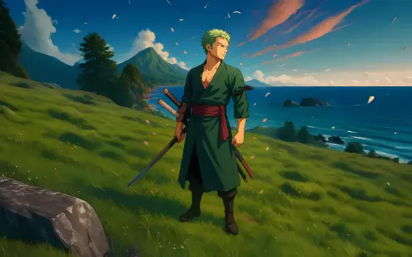 8K Ultra HD anime wallpaper featuring Roronoa Zoro from One Piece standing on a grassy cliff overlooking a colorful ocean sunset.