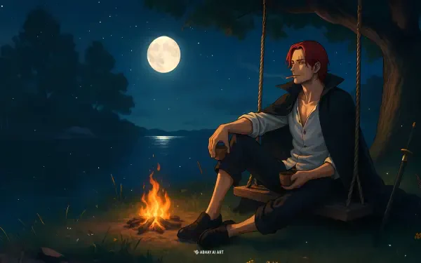 Shanks from One Piece sits on a swing by a lakeside campfire under a full moon — anime 8K Ultra HD PC desktop wallpaper/background.
