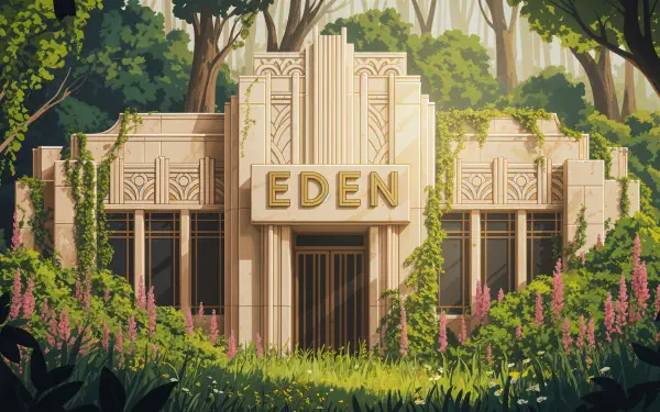 Art deco style building with the word EDEN on the facade, surrounded by lush greenery and flowers, rendered in 4K Ultra HD as a PC desktop wallpaper.