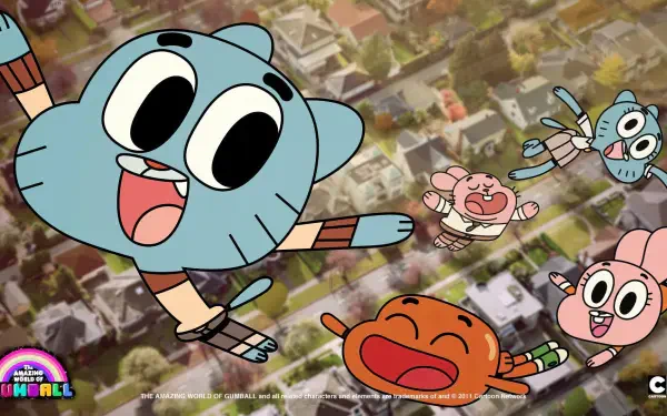 HD PC desktop wallpaper featuring Gumball Watterson, Darwin Watterson, and Anais Watterson from the TV show The Amazing World of Gumball in a joyful skydiving scene.