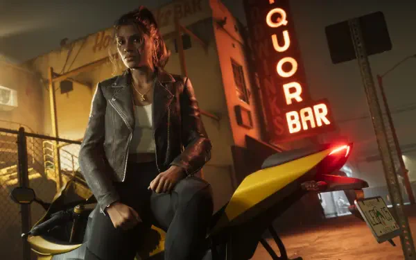 4K Ultra HD PC wallpaper featuring a character from Grand Theft Auto VI sitting on a yellow motorcycle outside a neon-lit liquor bar at night.